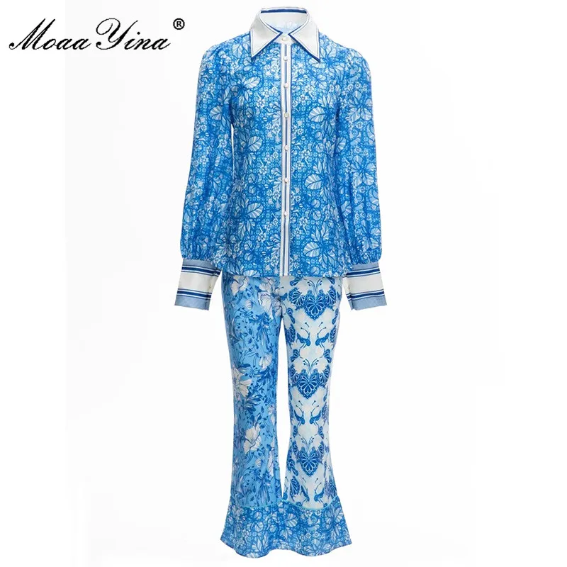 MoaaYina Runway Designer Autumn Winter Pants Set Women's Fashion Blue Loose Floral Print Shirts and Flare Pants Two Pieces Suit
MoaaYina Runway Designer Autumn Winter Pants Set Women's Fashion Blue Loose Floral Print Shirts and Flare Pants Two Pieces Suit