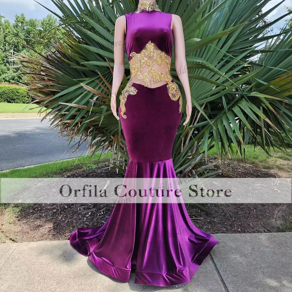 Purple Velvet Prom Dress Mermaid 2022 High Neck Gold Appliques Sexy African Evening Dresses For Women Party Custom Size
Purple Velvet Prom Dress Mermaid 2022 High Neck Gold Appliques Sexy African Evening Dresses For Women Party Custom Size