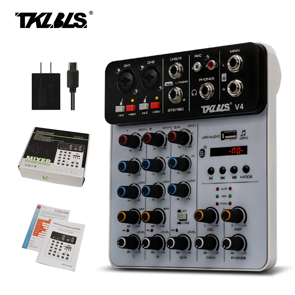 4 Channels Sound Mixers Bluetooth USB Record Computer DJ Console Mixing 48V Phantom Power Delay Repaeat Effect Audio Mixer 
4 Channels Sound Mixers Bluetooth USB Record Computer DJ Console Mixing 48V Phantom Power Delay Repaeat Effect Audio Mixer