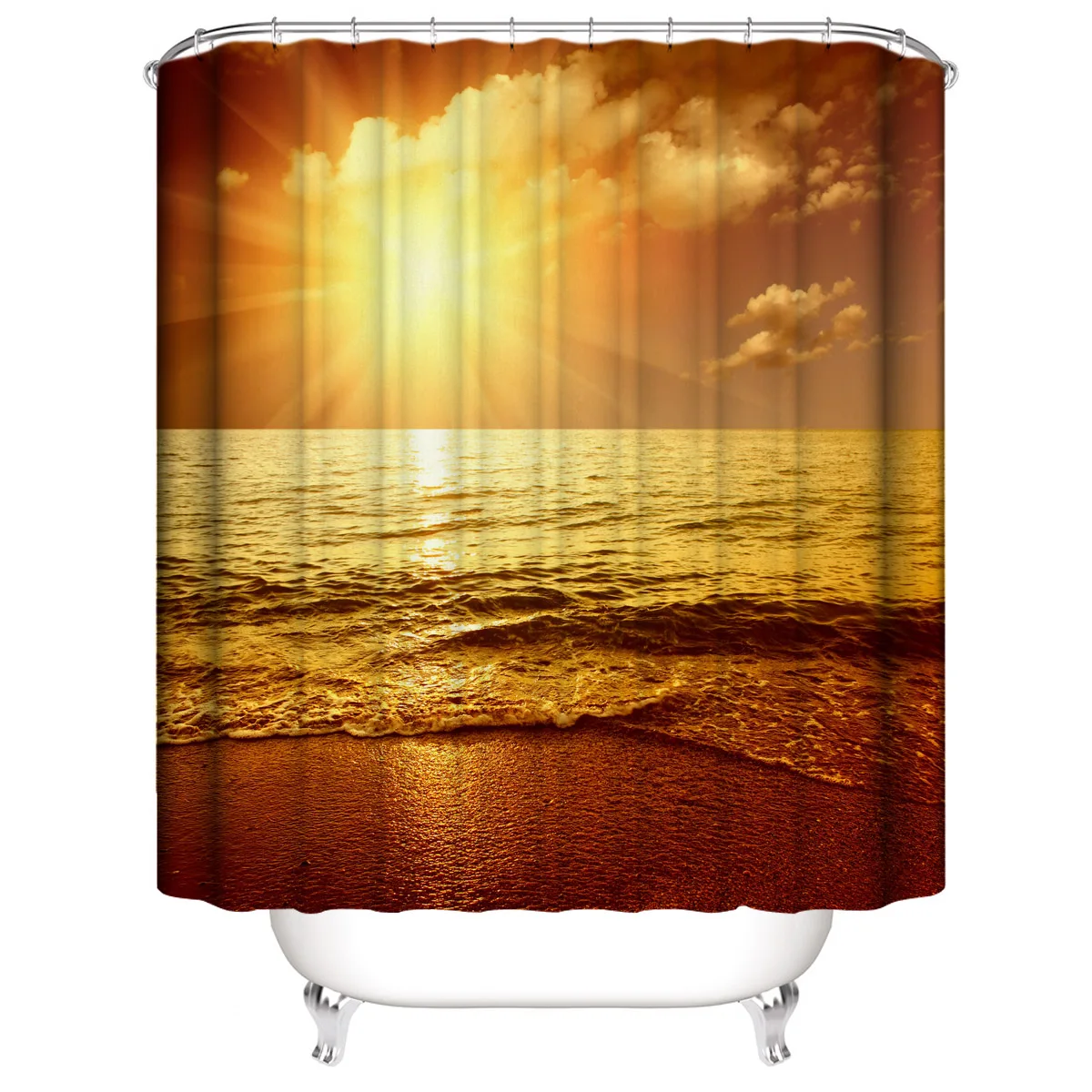 

Seaside Beach Sunset Shower Curtain Ocean Waves Blue Sky Coastal Sun Rays Pattern Waterproof Bathroom Bath Curtains with Hooks