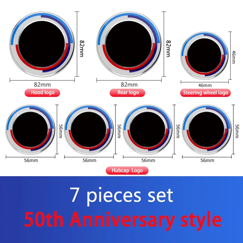 Car 50th Anniversary Logo Front Hood Emblem 82mm+Rear Badge 74mm+Wheel Hub Cap 68mm+56mm steering wheel sticker 45mm For All BMW
Car 50th Anniversary Logo Front Hood Emblem 82mm+Rear Badge 74mm+Wheel Hub Cap 68mm+56mm steering wheel sticker 45mm For All BMW