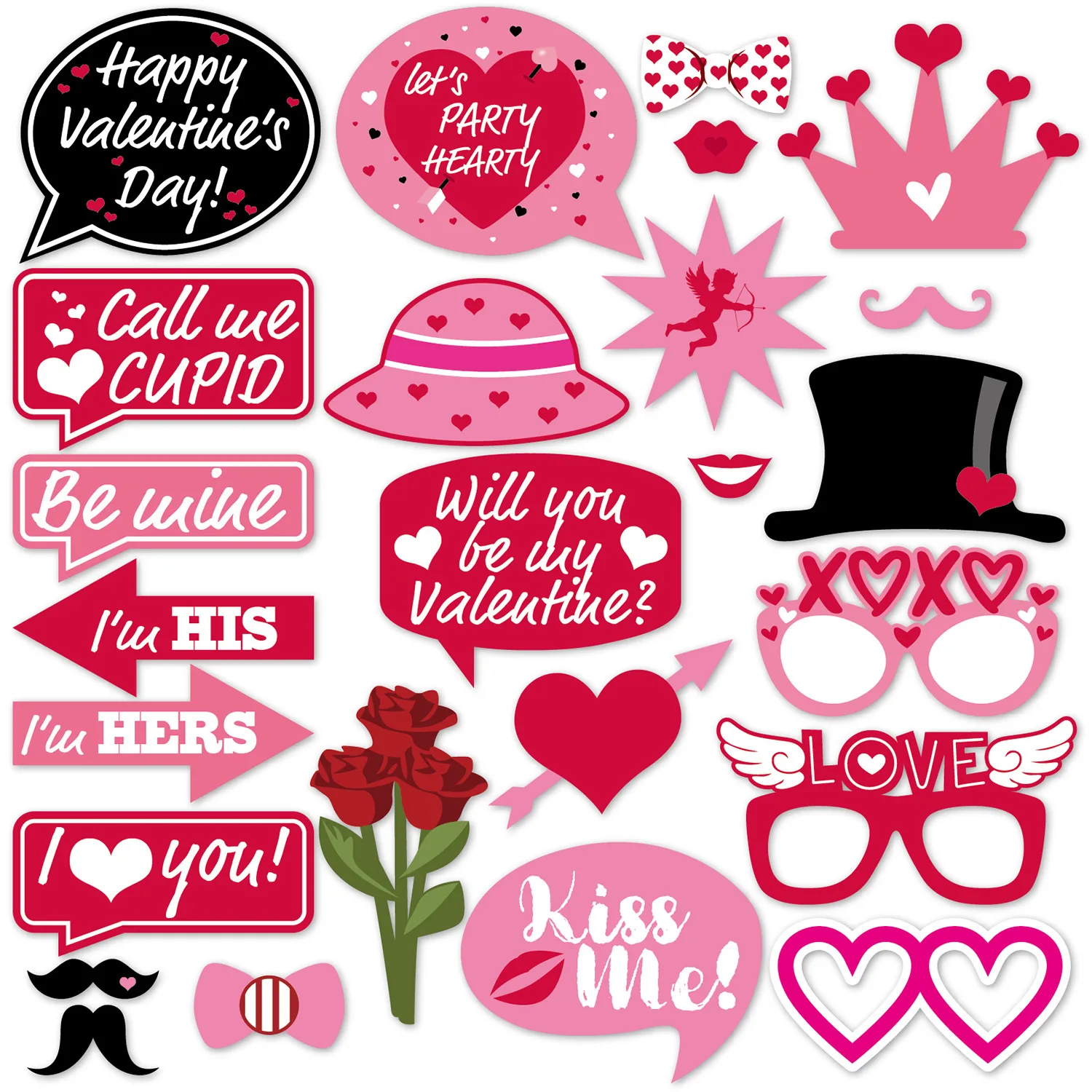 

25pcs Rose Pink Valentine's Day Photo Booth Props Paper Glasses Pink Crown Rose Miss Me Happy Lovers Festival Party Decor