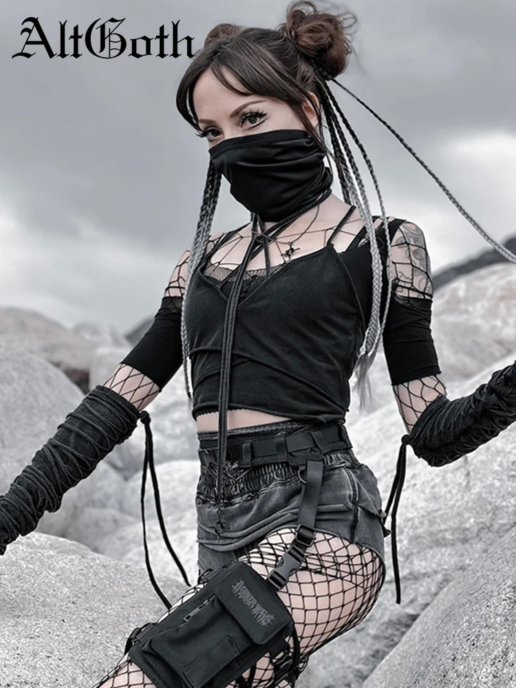 AltGoth Cyberpunk Gothic Dark T-shirt Women Harajuku Grunge Hollow Out Lace-up Short Sleeve Crop Tee Tops with Mask and Sleeve
AltGoth Cyberpunk Gothic Dark T-shirt Women Harajuku Grunge Hollow Out Lace-up Short Sleeve Crop Tee Tops with Mask and Sleeve