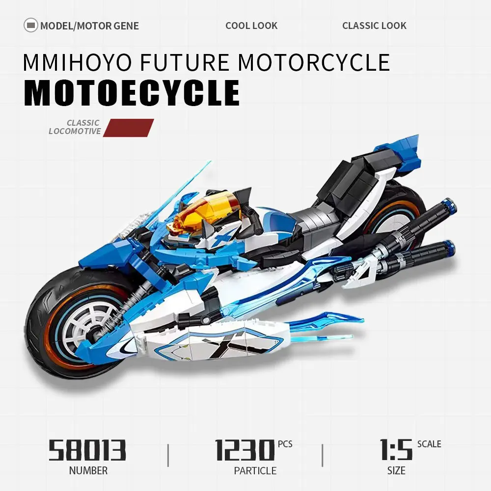 

Technical MmiHoYo Future Motorcycle Motorbike Locomotive 58013 Moc High Tech Modular Bricks Model Building Blocks Toy 1230pcs