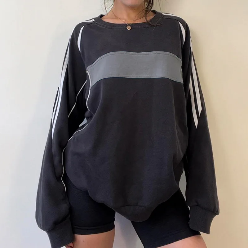 

Women Stripe Spliced Harajuku Oversized Autumn Sweatshirt Casual Sporty Pullover Stitching Crew Neck Korean Hoodies New