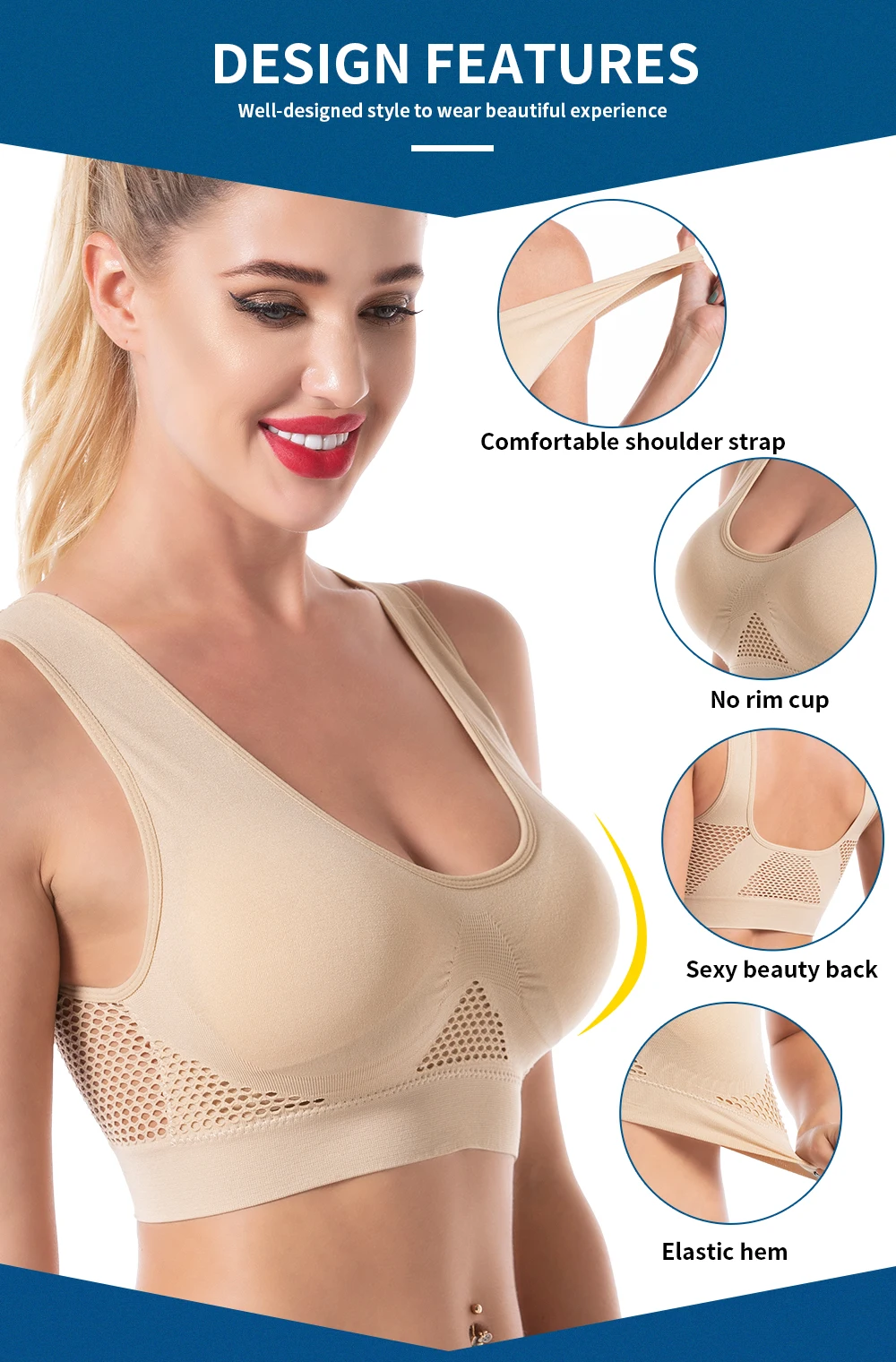 

Sujetador deportivo sin aros ni aros para mujer sostén Sexy de talla grande con Espalda descubierta Push Up Top de malla sin cos