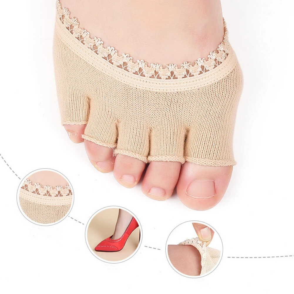 

New Women Soft Socks Silicone Anti-slip Lining Open Toe Heelless Liner Cotton Sock With Invisible Forefoot Cushion Foot Pad Sock