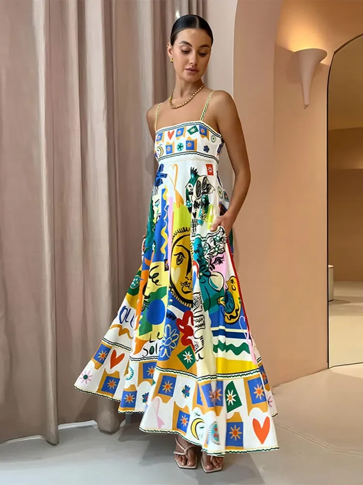 Elegant Print Spaghetti Straps Long Dress Women Colorful Backless High Waist A-line Dresses Summer Female Beach Vacation Robe
Elegant Print Spaghetti Straps Long Dress Women Colorful Backless High Waist A-line Dresses Summer Female Beach Vacation Robe