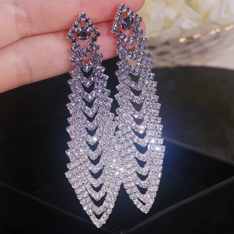 

Luxury Shiny Rhinestone Long Tassel Earrings for Women Bijoux Geometric Crystal Dangle Earrings Statement Wedding Bride Jewelry