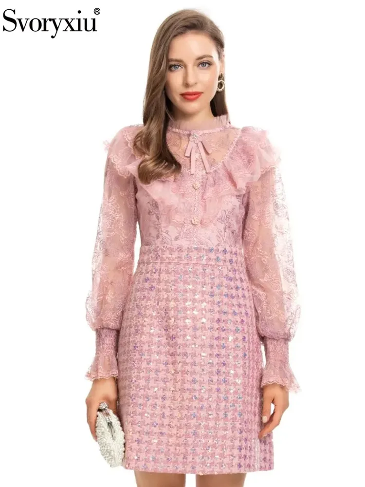 Svoryxiu Runway New Autumn Vintage Gorgeous Pink Color Mini Dress Women's Lantern Sleeve Ruffles Sequin Loose waist Short Dress 
Svoryxiu Runway New Autumn Vintage Gorgeous Pink Color Mini Dress Women's Lantern Sleeve Ruffles Sequin Loose waist Short Dress