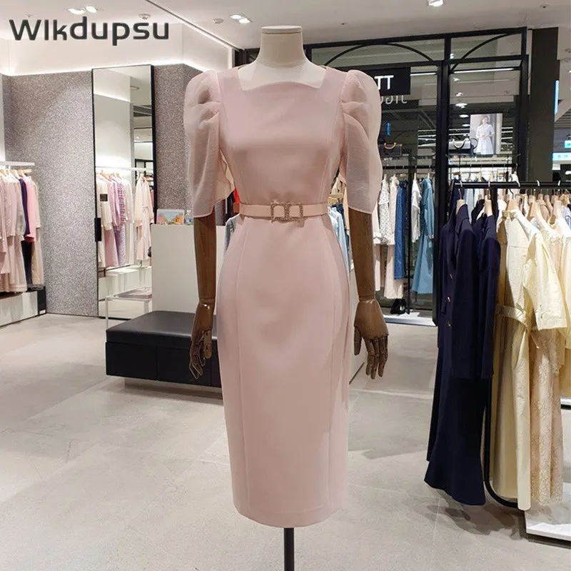 Elegant Short Puff Sleeve Women Clothing Fashion Design Korean Style Chic Office Lady Prossional Workwear Belted Pink Dresses
Elegant Short Puff Sleeve Women Clothing Fashion Design Korean Style Chic Office Lady Prossional Workwear Belted Pink Dresses