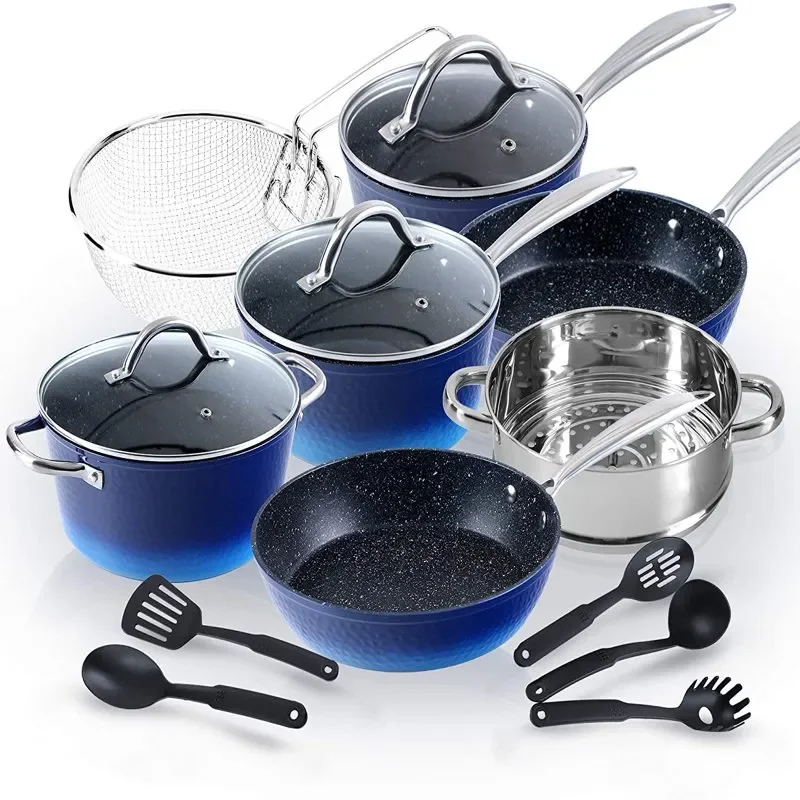 

15 piece Induction Kitchen Cookware Sets Nonstick - Granite Hammered Pan Set, Dishwasher Safe Cooking Pots and Pans Set(Blue) Co