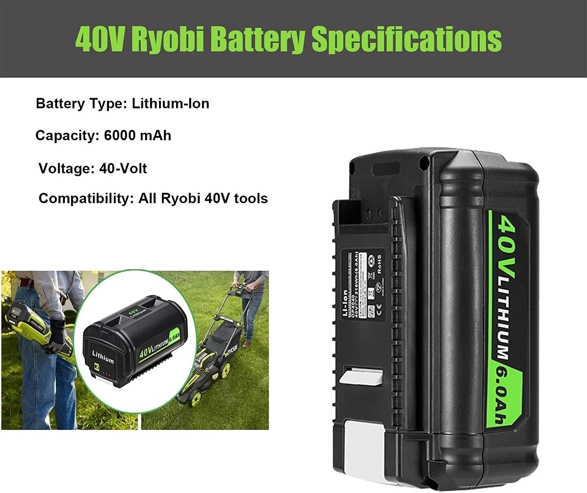 40V Lithium Replacement Battery for Ryobi 40V 6.0AH Battery Ryobi 40 Volt Collection Cordless Power Tools OP4040 OP4050A OP40601
40V Lithium Replacement Battery for Ryobi 40V 6.0AH Battery Ryobi 40 Volt Collection Cordless Power Tools OP4040 OP4050A OP40601
