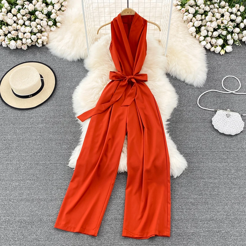 Ladies High Waist Rompers Summer Sleeveless V-neck Sashes Elegant Chiffon Jumpsuits Slim Fit Women Feminine One Piece Overalls
Ladies High Waist Rompers Summer Sleeveless V-neck Sashes Elegant Chiffon Jumpsuits Slim Fit Women Feminine One Piece Overalls