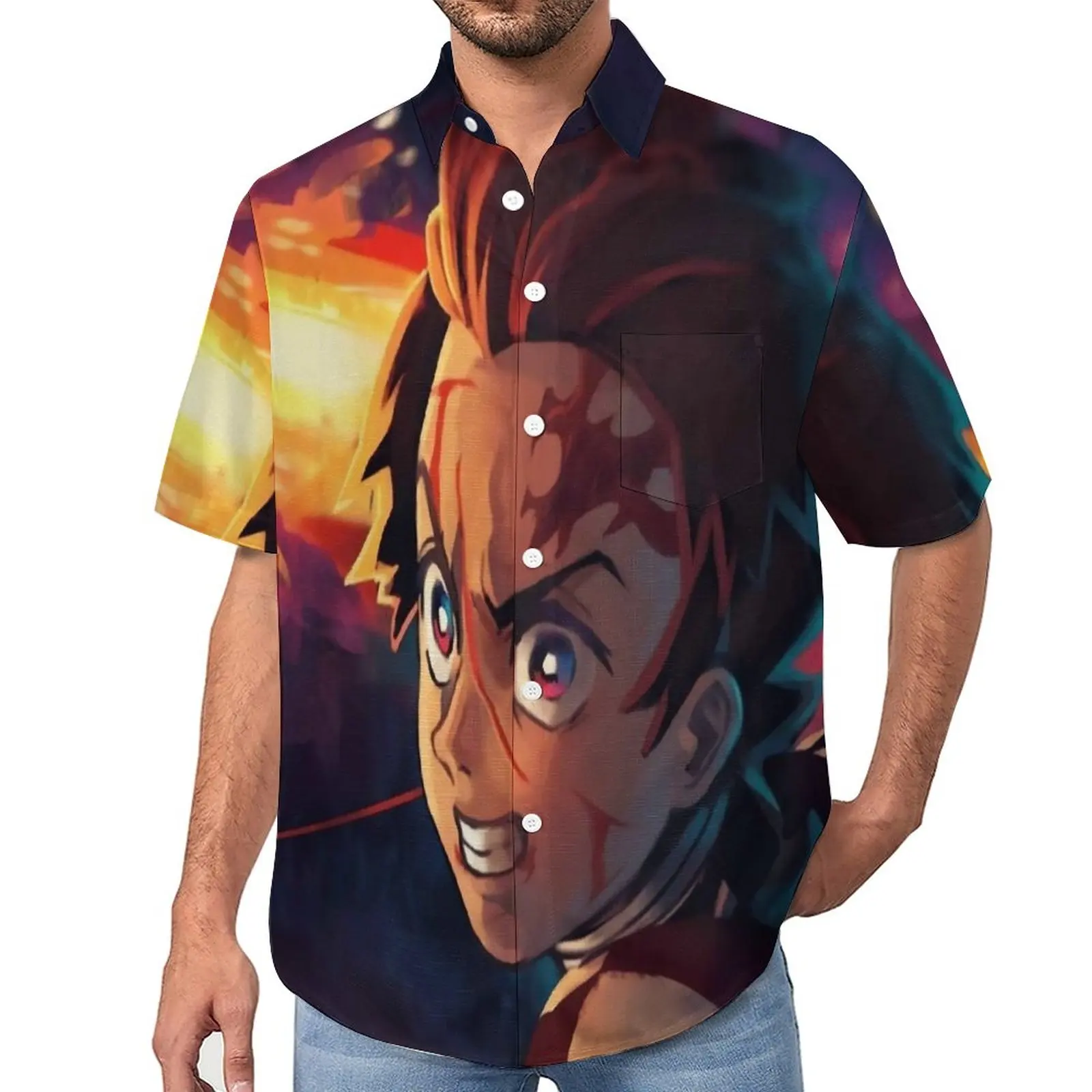 

Повседневная рубашка Demon Slayer Kimetsu No Yaiba, Пляжная Свободная рубашка в стиле аниме, Гавайские блузки Harajuku с коротким рукавом, топы оверсайз
