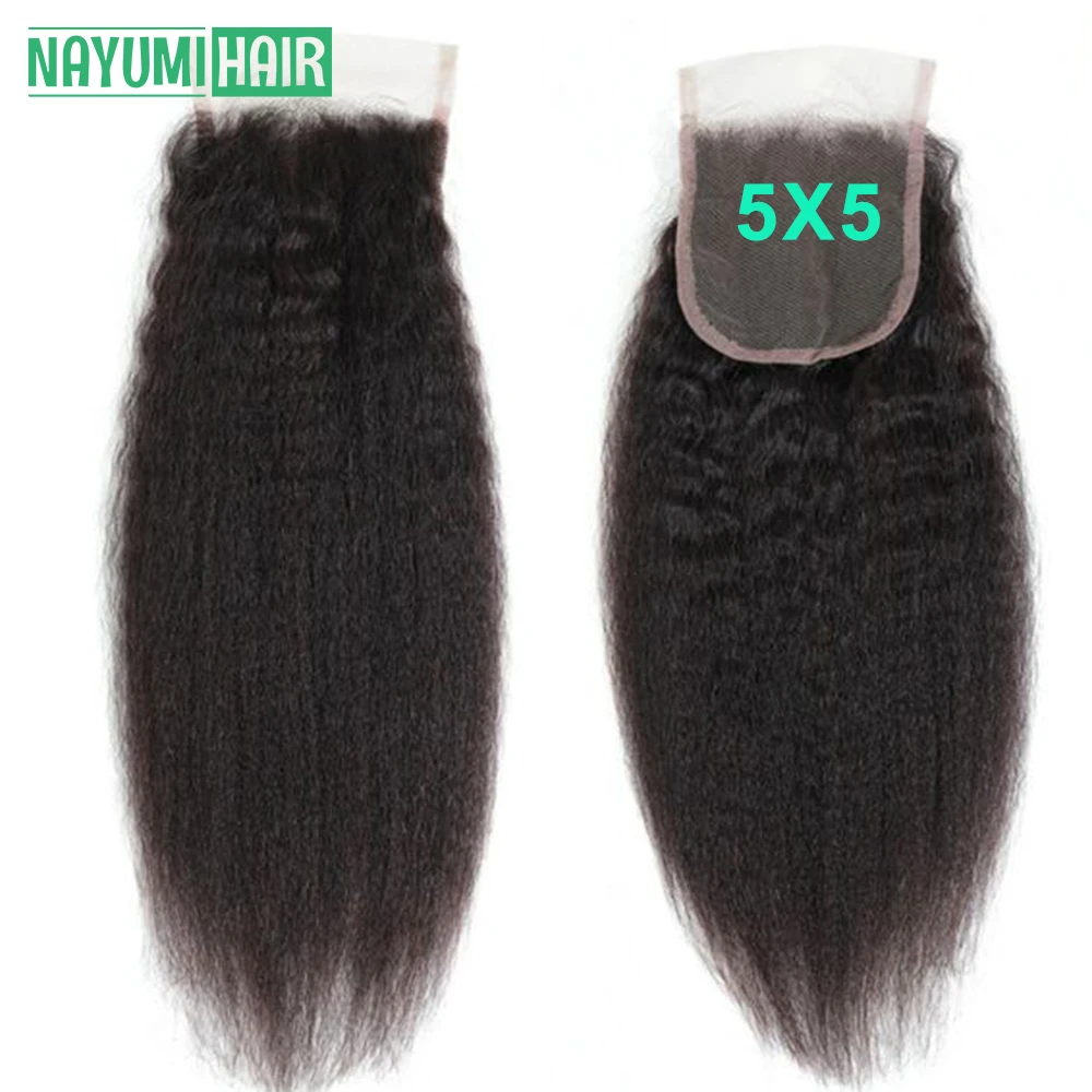 

Kinky Straight 5x5 Lace Closure Only Free Part Yaki Brazilian Remy Human Hair Pre-Plucked With Baby Hair Transparent Swiss Lace
