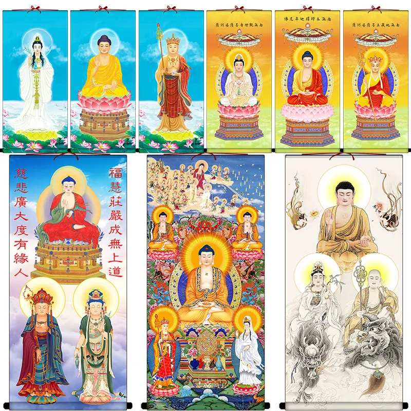 Висячие фотографии трех мудрецов Сахи, Сакьямуни, короля тибетцев, Гуаньинь Бодхисаттвы и картины прокрутки предложения
Висячие фотографии трех мудрецов Сахи, Сакьямуни, короля тибетцев, Гуаньинь Бодхисаттвы и картины прокрутки предложения