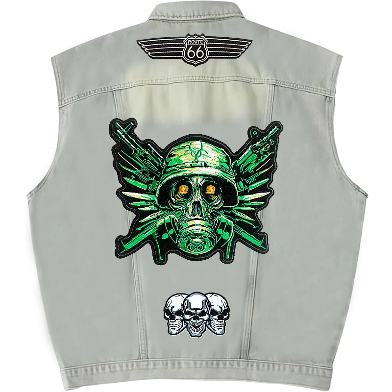 

Short Loose Men Denim Vest Motorcycle Waistcoat Embroidery Patches Sleeveless Cowboy Jacket Club Riding Punk Veste