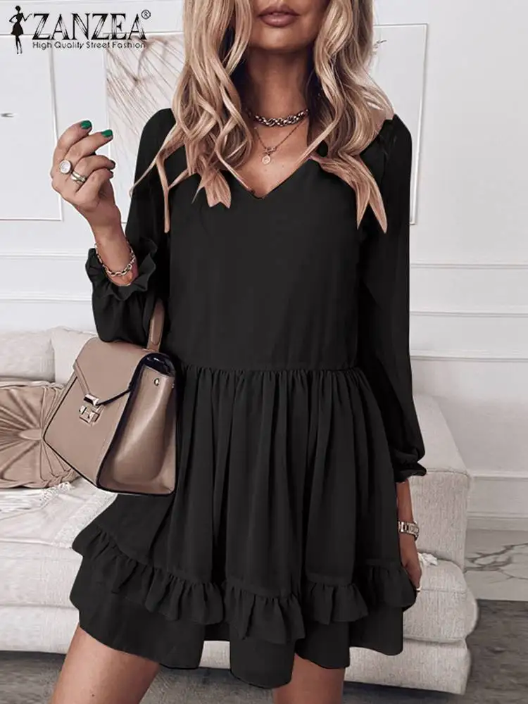2022 Women Fashion OL Ruffled Dresses ZANZEA Puff Sleeve Knee Sundress Oversized Casual Solid Party Vestidos V Neck Robe Longue 
2022 Women Fashion OL Ruffled Dresses ZANZEA Puff Sleeve Knee Sundress Oversized Casual Solid Party Vestidos V Neck Robe Longue