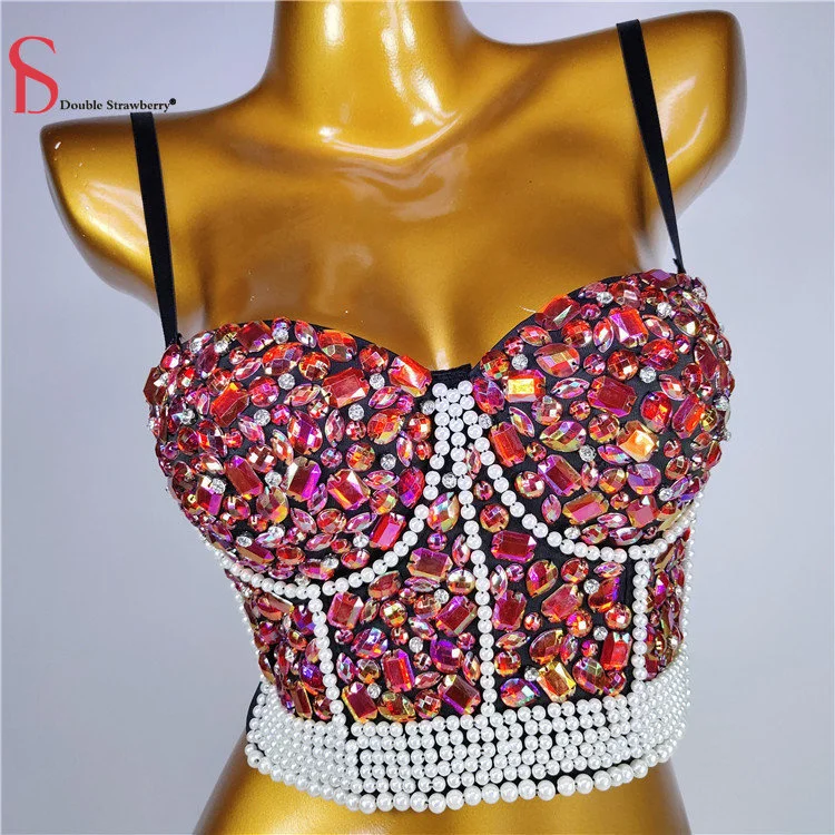 

Women's Sexy Tanks Summer Sewing Beads Exposed Umbilical Suspender Vest Strapless Camis Tops
