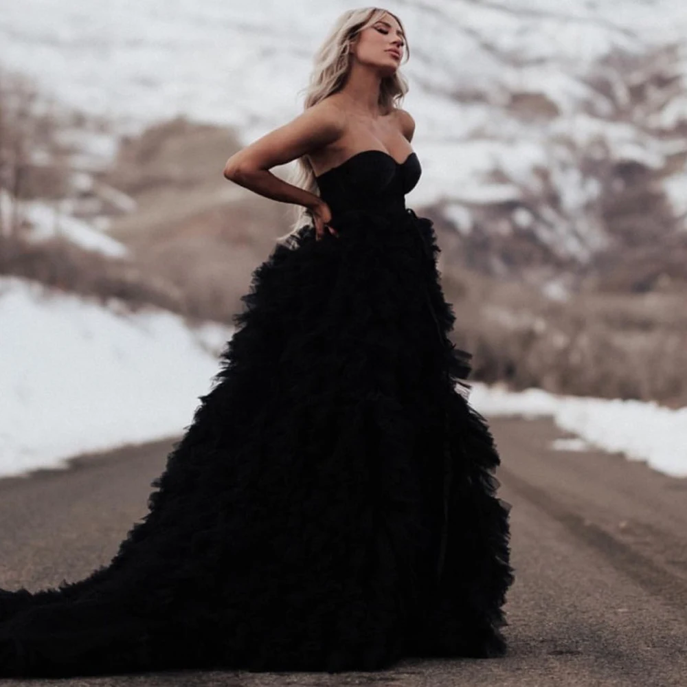 

Black Ruffled Floor Length Evening Dresses For Woman Sweetheart Layered Tulle Ball Gown Custom Made Prom Dress Lace-up Back