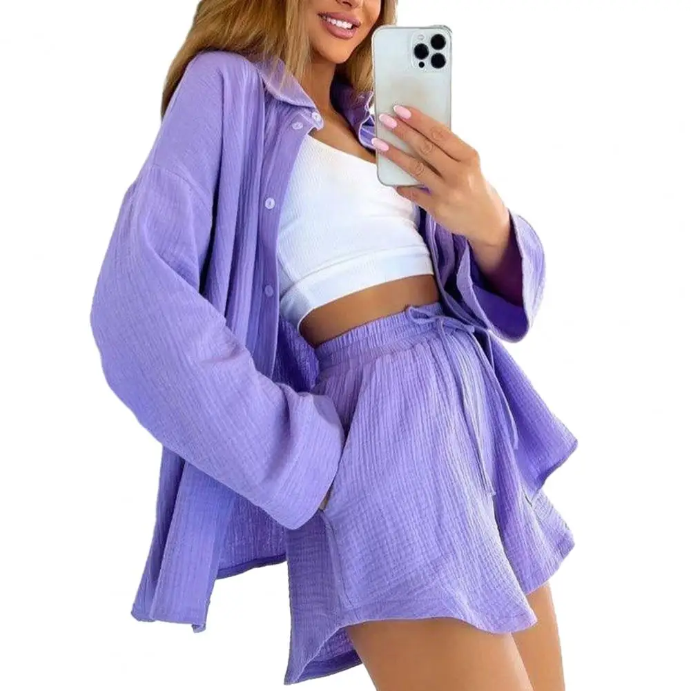 2 Pcs/Set Women Shirt Shorts Set Lapel High Waist Long Sleeves Drawstring Elastic Waist Solid Color Lady Summer Outfit 2023
2 Pcs/Set Women Shirt Shorts Set Lapel High Waist Long Sleeves Drawstring Elastic Waist Solid Color Lady Summer Outfit 2023