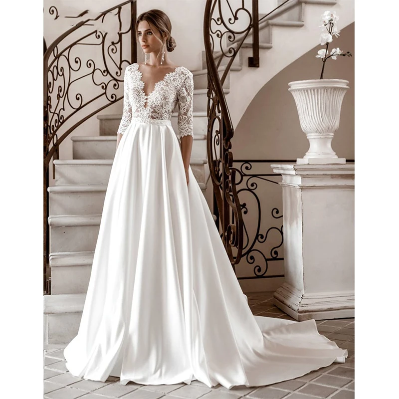 Elegant Long Sleeve Lace Wedding Dresses V-Neck Satin A-Line Vestido De Novia Bridal Gown Autumn New Vintage Simple
Elegant Long Sleeve Lace Wedding Dresses V-Neck Satin A-Line Vestido De Novia Bridal Gown Autumn New Vintage Simple