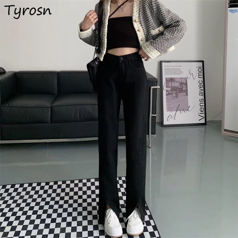 Jeans Women Design Front-slit Black Jean High Waist Autumn Winter New Arrival Keep Warm Thicker Wide Leg Denim Trousers Mopping
Jeans Women Design Front-slit Black Jean High Waist Autumn Winter New Arrival Keep Warm Thicker Wide Leg Denim Trousers Mopping