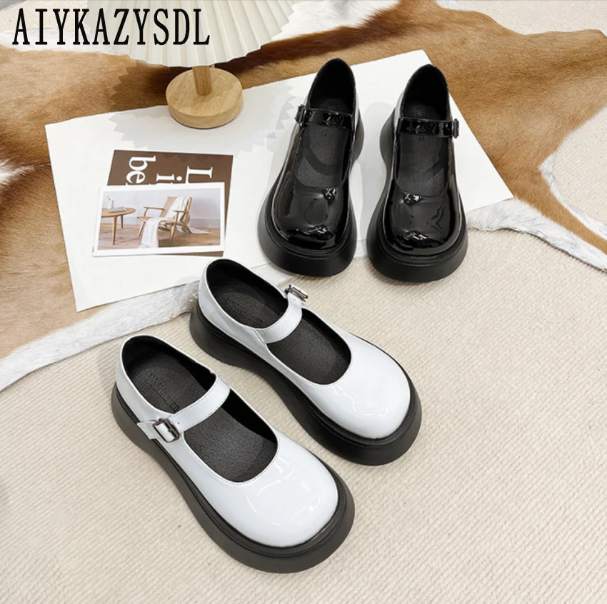 

AIYKAZYSDL Concise Simple Oxfords Loafers Women Flat Shoes Casual Girl Student Platform Thick Sole Bottom Buckle Strap Creepers