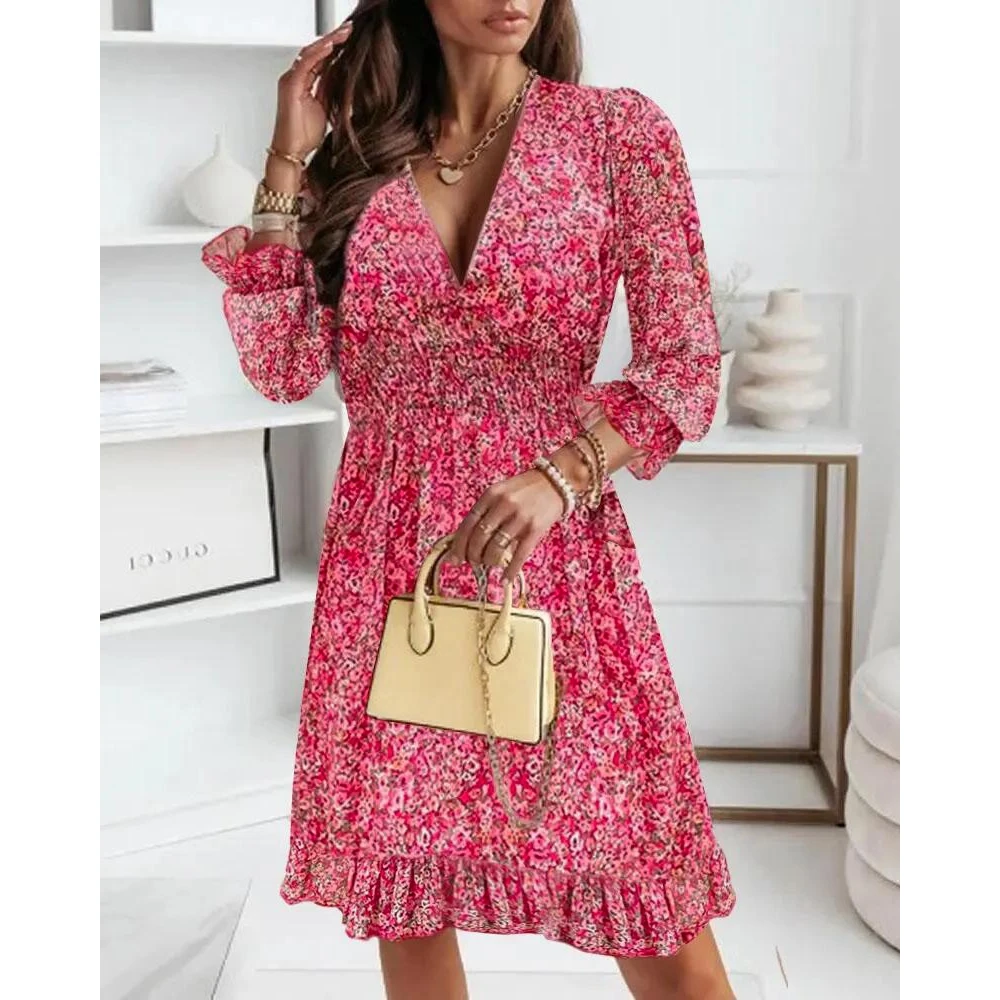 

Summer Women Puff Sleeve Ruffle Hem Shirred Ditsy Floral Print Dress 2022 New Femme Casual A Line V-Neck Vacation Robe Lady Clot