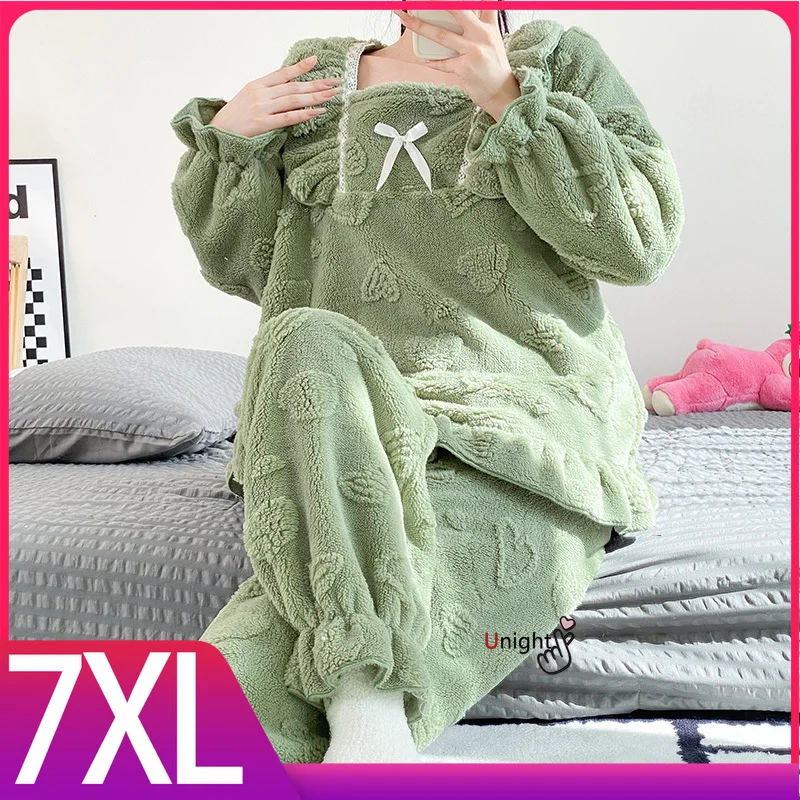 

Women Pajamas Sets 2 Pieces Winter Warm Sleepwear Nightwear Pijama Long Sleeve Thick Night Outfit Home Clothes Plus Size M-7XL