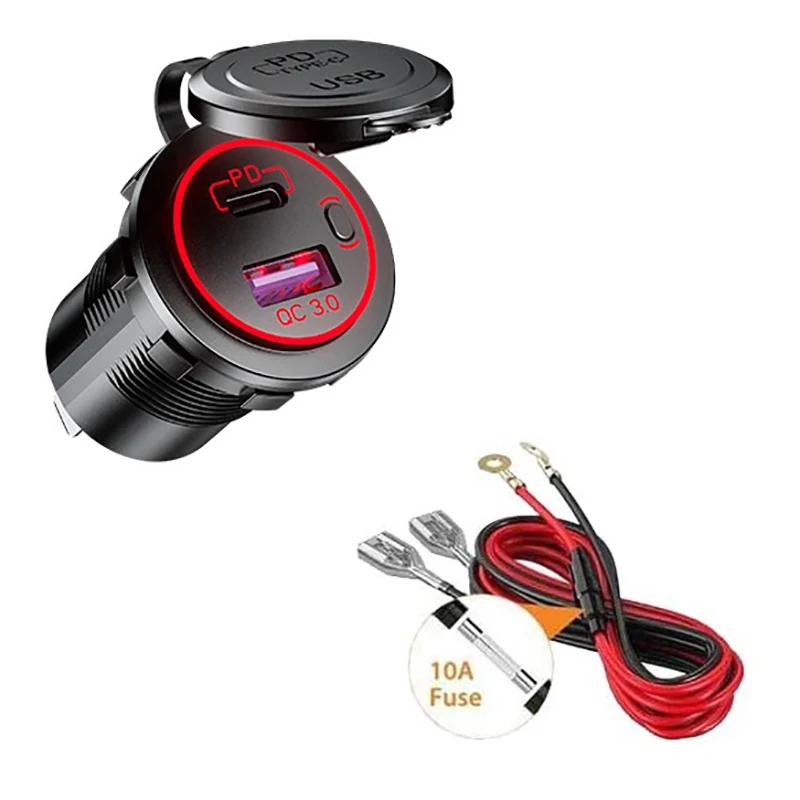 

Автомобильное зарядное устройство PD с портом USB Type-C и быстрой зарядкой QC 3,0, 12 В, розетка питания с переключателем ВКЛ/ВЫКЛ для мотоцикла, RV, вездехода, красного цвета