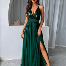 Yissang Mesh Sequins V-neck Dress Women 2023 New Cocktail Party Dresses Backless Summer Maxi Long Bodycon Dress Elegant Dress