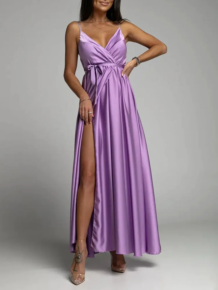 Silky Satin High Waist Slit Long Dress Sling V-Neck Tie Up Slim Party Women Dress Summer Solid Sleeveless Pleated Backless Dress
Silky Satin High Waist Slit Long Dress Sling V-Neck Tie Up Slim Party Women Dress Summer Solid Sleeveless Pleated Backless Dress