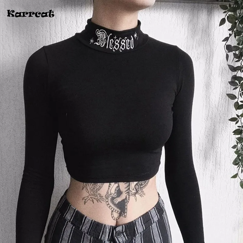 Karrcat Women Black Bodycon Long Sleeve Crop Tops Gothic Harajuku Letter Embroidery Vintage Solid Tops Female Casual Basic Tops
Karrcat Women Black Bodycon Long Sleeve Crop Tops Gothic Harajuku Letter Embroidery Vintage Solid Tops Female Casual Basic Tops