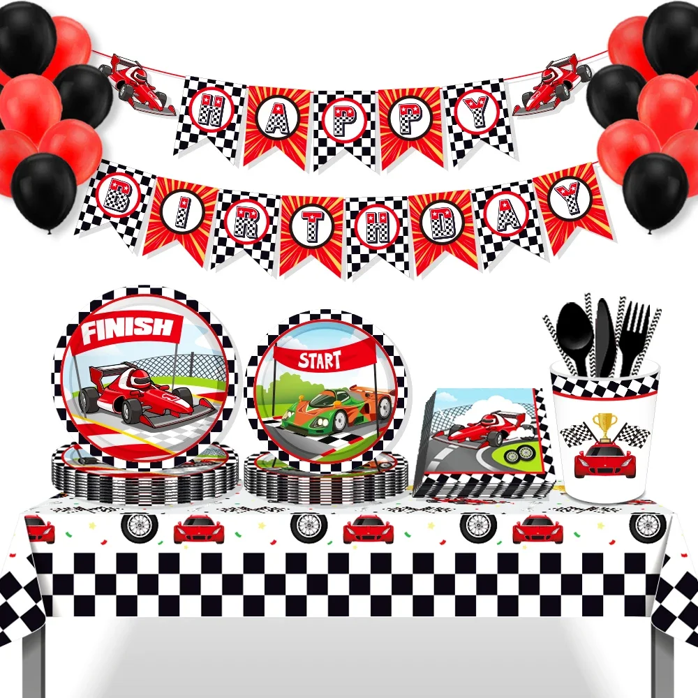 

Cool Racing Car Lattice Party Disposable Tableware Sets Plates Tablecloths Banner Backdrops Globos Party Favors Decorations