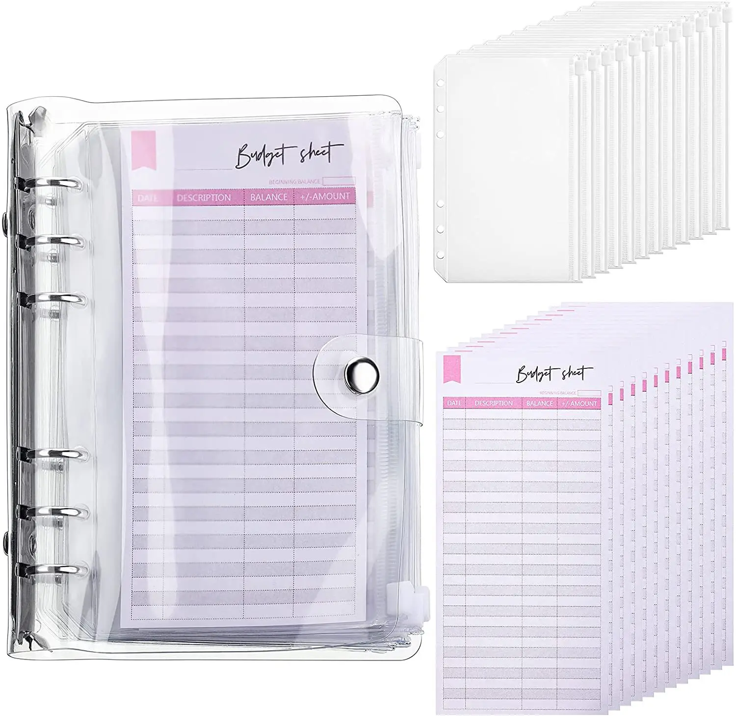 A5 A6 Transparent Binder Budget Planner Organizer 6 Ring Binder Cover 6Pcs Binder Pockets and 12 Pieces Expense Budget Sheets
A5 A6 Transparent Binder Budget Planner Organizer 6 Ring Binder Cover 6Pcs Binder Pockets and 12 Pieces Expense Budget Sheets