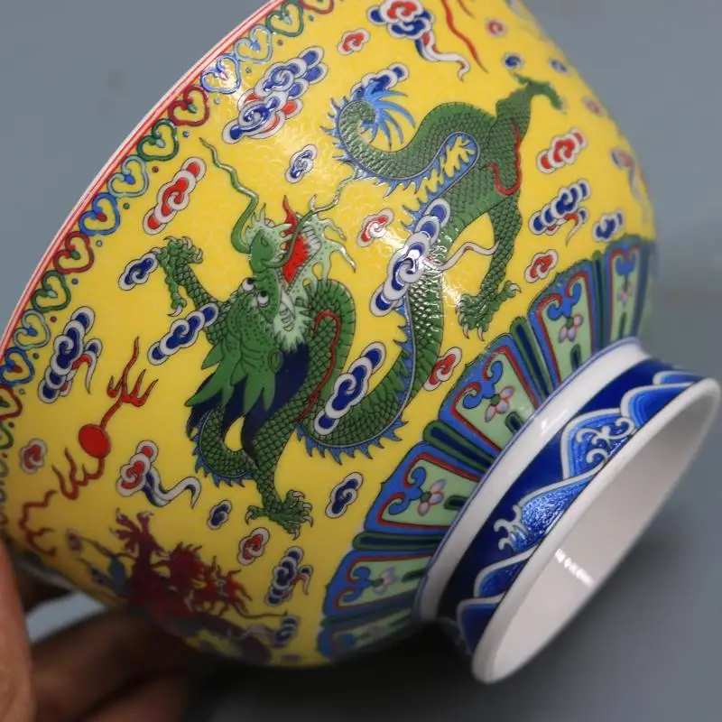 

Qing Dynasty Qianlong Year Mark Yellow Glaze Dragon Cloud Pattern Bowl Antique Enamel Porcelain Home Decoration Ornaments Bowl