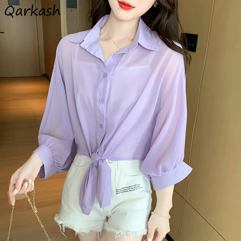

Shirts Women Sun Proof Clothes Summer There Quarter Sleeve Korean Crop Camisas Baggy Thin Soft INS Simply All-match Lace-up Lady