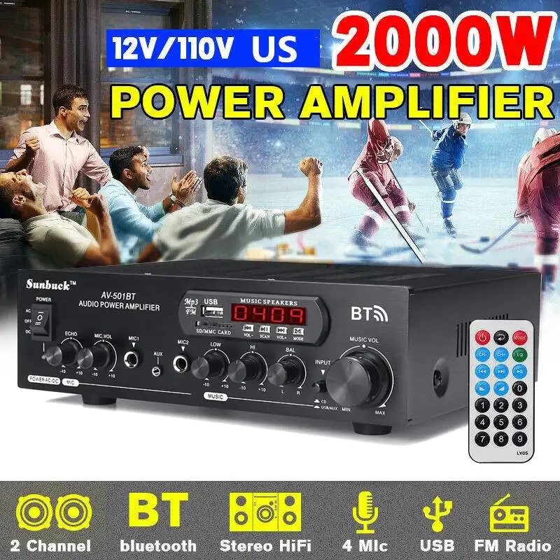 110V/220V 2500W Home Car Amplifiers 2 Channel bluetooth 5.0 Surround Sound FM USB Remote Control HIFI Digital Amplifier Stereo
110V/220V 2500W Home Car Amplifiers 2 Channel bluetooth 5.0 Surround Sound FM USB Remote Control HIFI Digital Amplifier Stereo