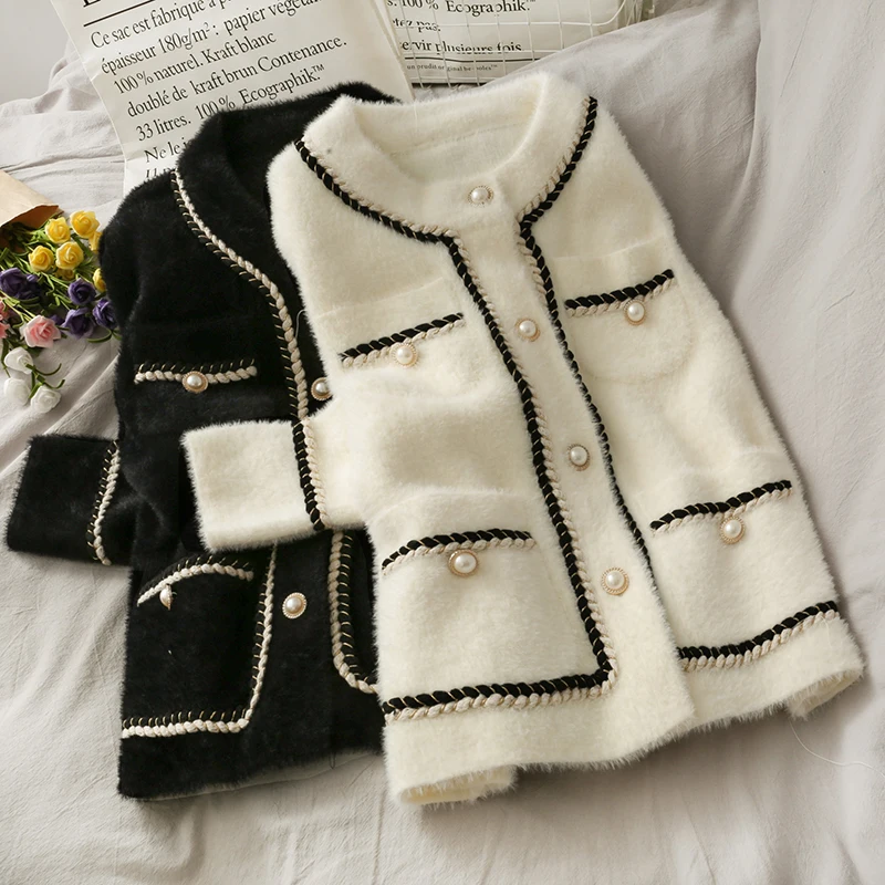 

Норковый кашемировый свитер, пальто, женский осенне-зимний маленький аромат, женский корейский Ретро черный Свободный вязаный кардиган с круглым вырезом, модный