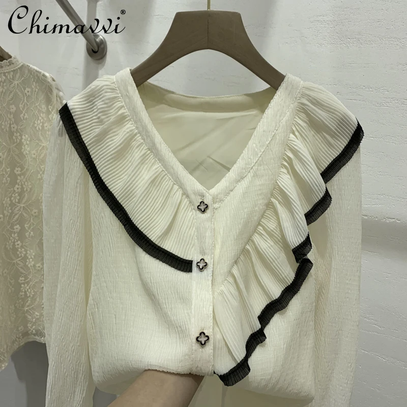 V-neck Ruffled French Style Shirt for Women 2022 Spring Clothes New Fashion Design Chic Loose Temperament Blouse Top All-match
V-neck Ruffled French Style Shirt for Women 2022 Spring Clothes New Fashion Design Chic Loose Temperament Blouse Top All-match