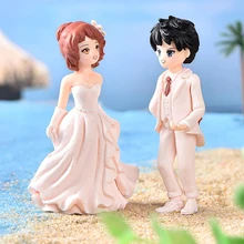 2pcs/set Miniature Ornaments Boy Girl Seaside wedding dress Sweety Lovers Couple Figurines Craft Resin Wedding Dolls Home Decor
