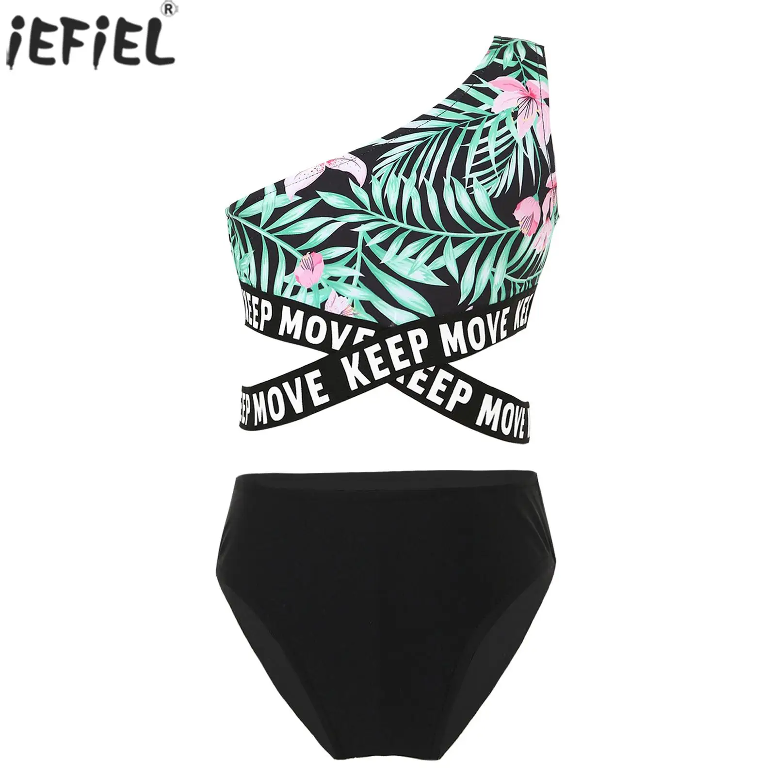 

Kids Girls Swimsuits Asymmetric One Shoulder Letter Print Bikini Tops with Bottoms 2 Piece Tankini Set Swimwear Bathing Suit