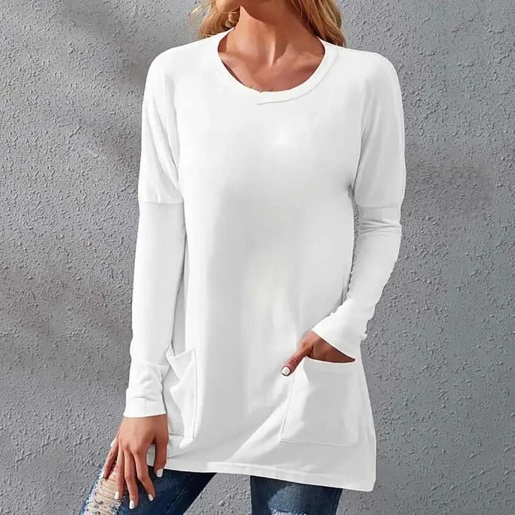 

Women Top O-Neck Long Sleeves Two Pockets T-shirt Top Fall Winter Pullover Tee Shirt Solid Color Loose Pullover Top camisetas