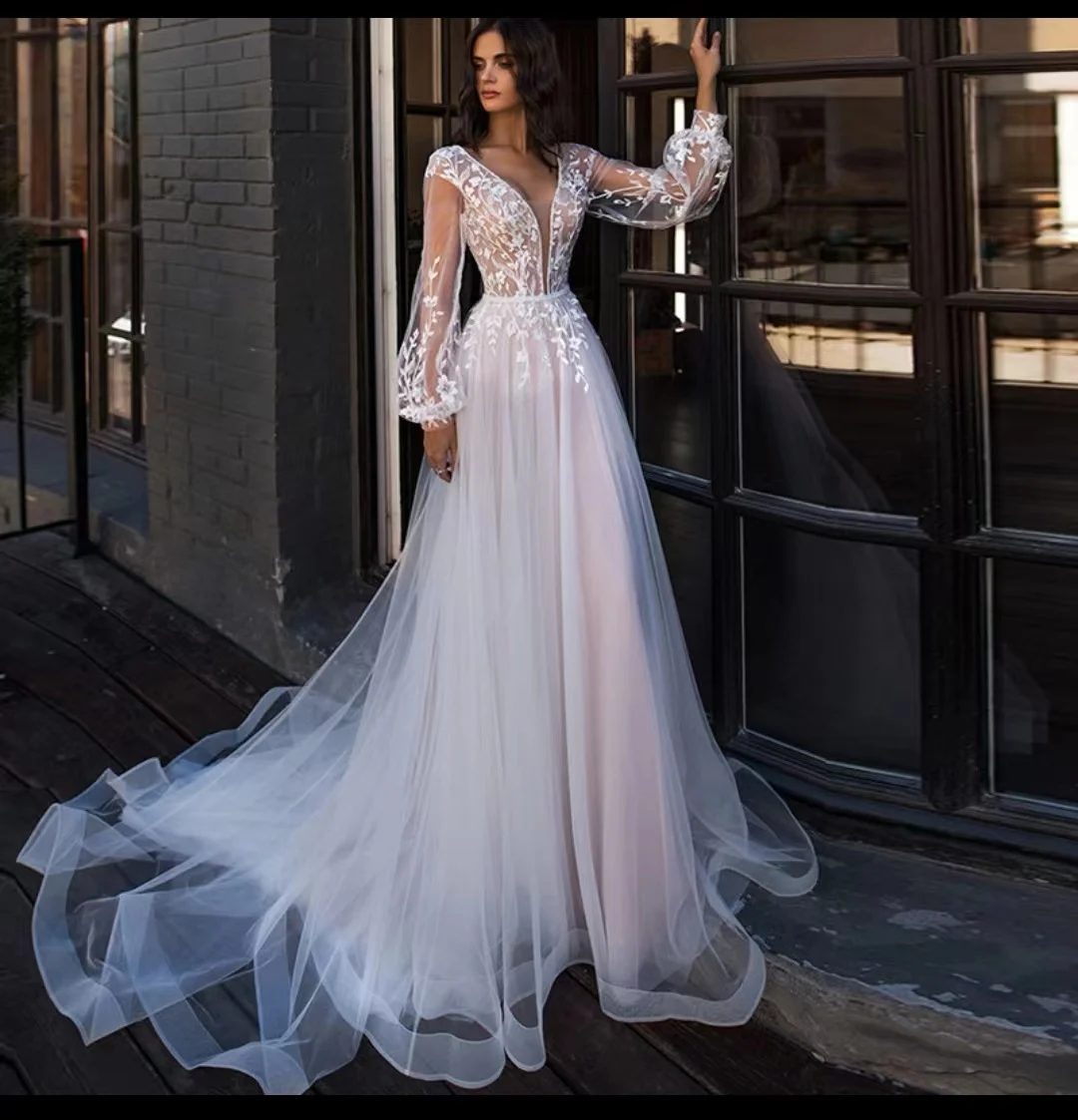 Private Custom Deep V-neck Wedding Dresses Beach Lantern Long Sleeves Lace Tulle Floor Length Vestido De Novia Lace Up Bridal
Private Custom Deep V-neck Wedding Dresses Beach Lantern Long Sleeves Lace Tulle Floor Length Vestido De Novia Lace Up Bridal