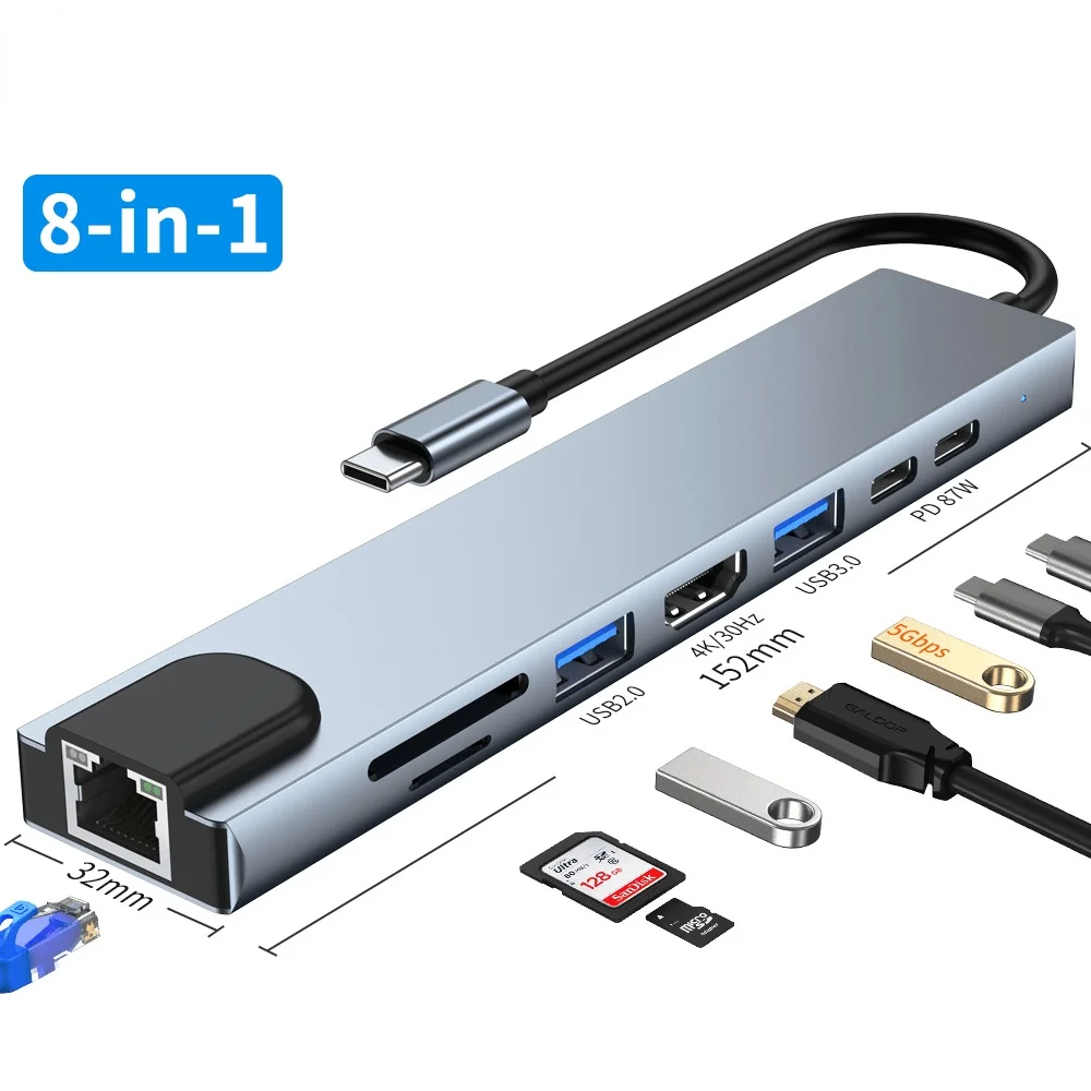 8 In 1 USB 3.0 Hub For Laptop Adapter PC Computer PD Charge 8 Ports Dock Station RJ45 /HDMI TF/SD Card Notebook Type-C Splitter
8 In 1 USB 3.0 Hub For Laptop Adapter PC Computer PD Charge 8 Ports Dock Station RJ45 /HDMI TF/SD Card Notebook Type-C Splitter