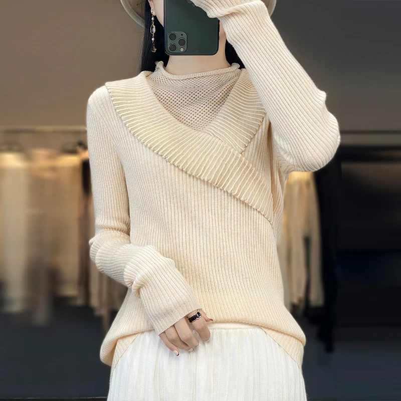 

Осенне-зимний женский теплый свитер из чистой мериносовой шерсти, пуловер с перекрестными перехлёстом и высоким воротником, повседневный вязаный свитер, топы