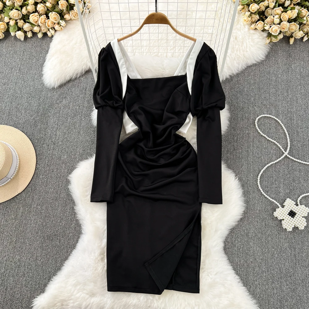 Vintage Temperament Contrast Color Square Collar Bow Waist Slimming Fold in Long Slit Dress 
Vintage Temperament Contrast Color Square Collar Bow Waist Slimming Fold in Long Slit Dress