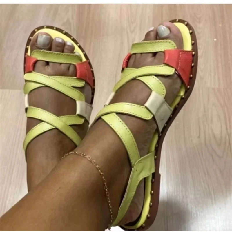 Sandals Women's Fashion Rivet Buckle Cross Lace Flat Slippers Sexy Round Head Outdoor Leisure Beach Sandalias Romanas De Mujer
Sandals Women's Fashion Rivet Buckle Cross Lace Flat Slippers Sexy Round Head Outdoor Leisure Beach Sandalias Romanas De Mujer